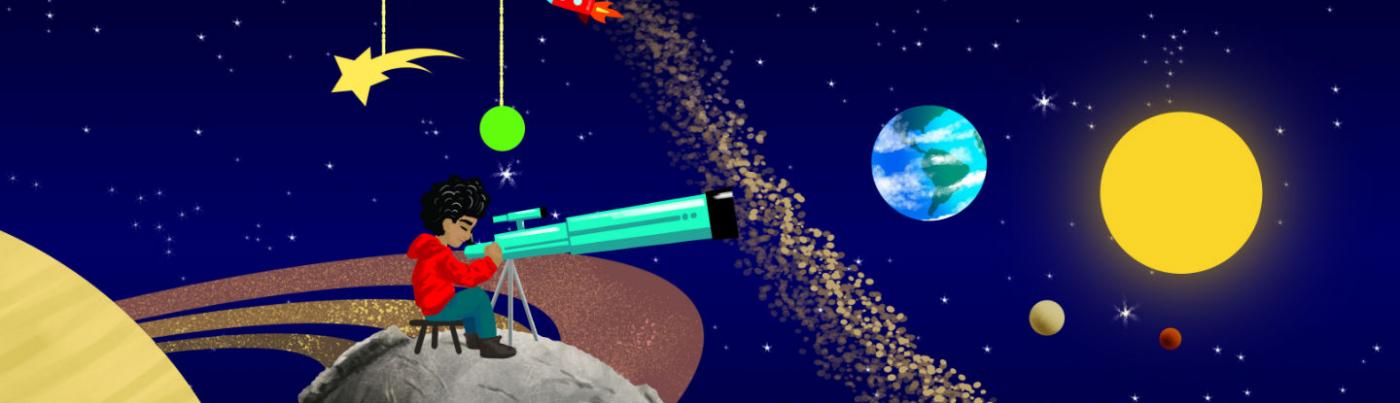 Ilustración de un niño viendo estrellas y planetas