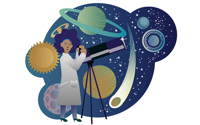 Ilustración de una mujer científica observando el universo con un telescopio