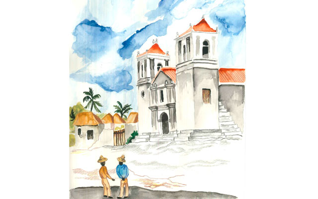 El pueblo de Barrancas de San Nicolás y la iglesia en la época colonial” (pintura en acuarela), propiedad de Giovanni Polifroni Lobo.