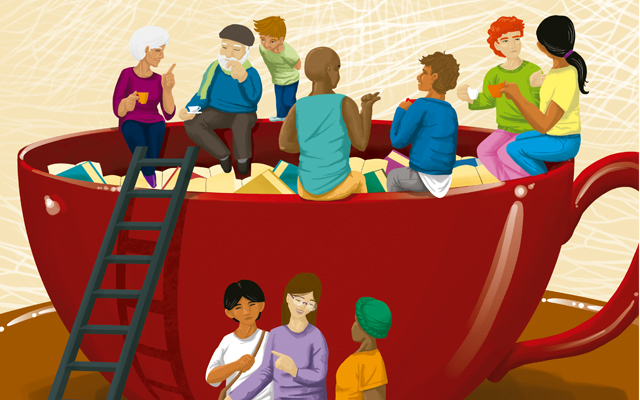 familias y amigos encima y alrededor de una taza de café compartiendo lectura cafe literario 640x400.jpg
