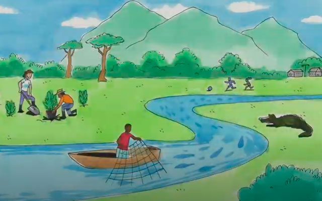 Ilustración de personas alrededor de un río