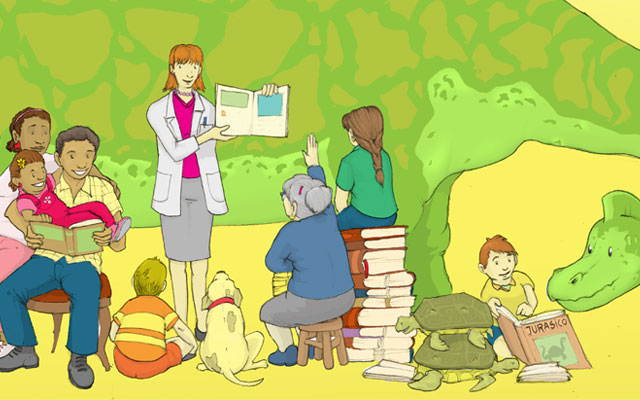 Ilustración de profesora enseñando a niños y sus familias