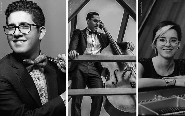 El flautista Daniel Guerrero, el contrabajista Ricardo Puche con el violonchelista Juan Sebastián Rodríguez, y la pianista Sara Sierra.