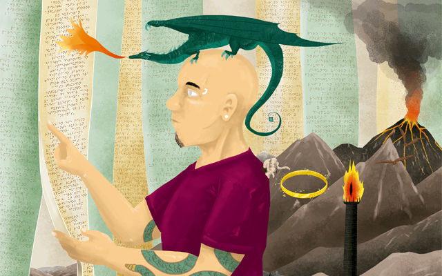 Ilustración de un joven leyendo un cuento en braille