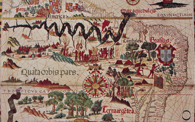 Mare Aquadulcis es, en latín, el primer nombre europeo del río Amazonas, dado por Vicente Yáñez Pinzón en 1500. Mapa del cartógrafo Diogo Homem, 1558.