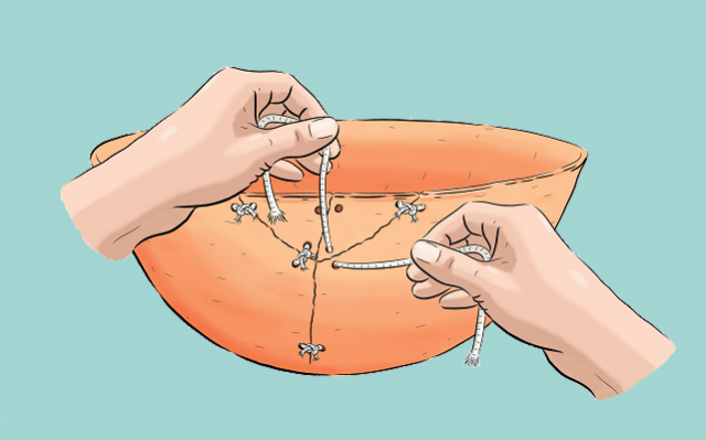 Ilustración de un cuenco roto y unas manos que lo reparan