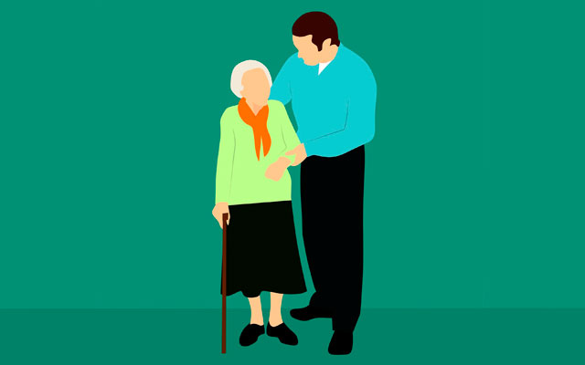 Ilustración de hombre al cuidado de una mujer mayor