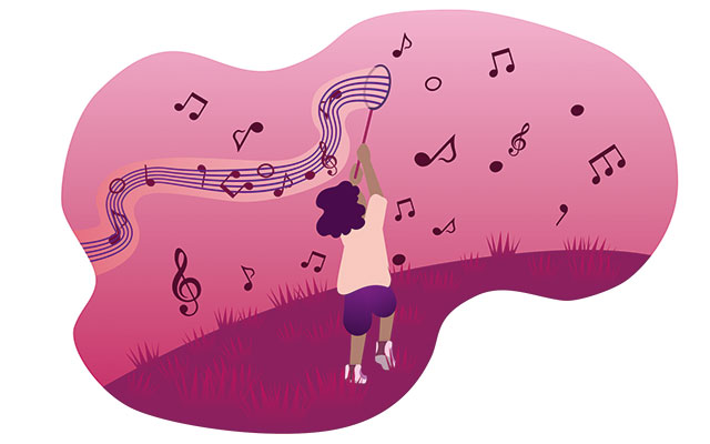 Ilustración de niña atrapando notas musicales