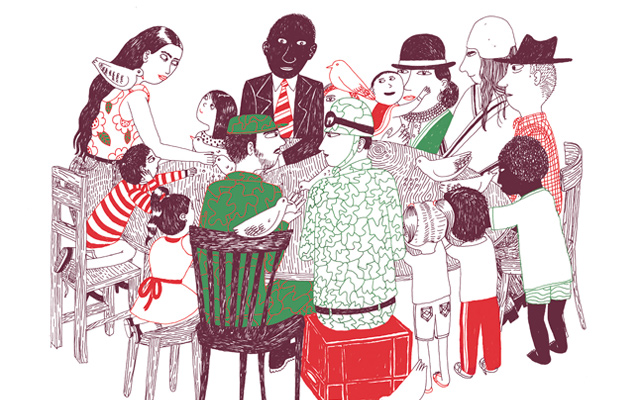 Ilustración de personajes en torno a una mesa