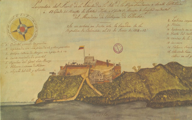 Perspectiva del fuerte o castillo de La Libertad, en la isla de Vieja Providencia o Santa Catalina. El coronel Luis Perú de Lacroix delineó esta acuarela basándose en –como él mismo lo dice– una "vista de ojos, sin tomar notas sobre el terreno". 1822. 