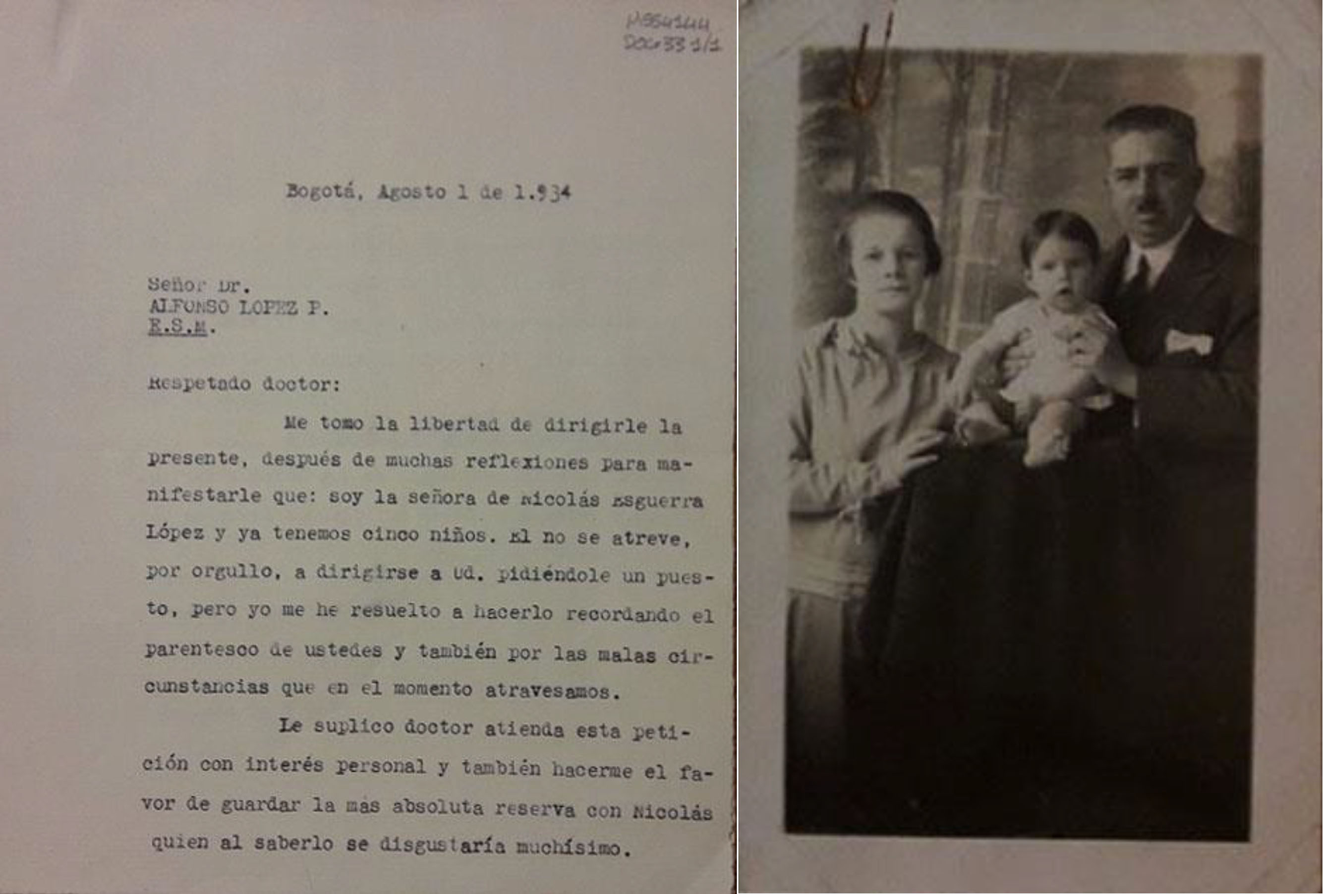 Carta de Carmen Gómez a Alfonso López Pumarejo, en la que solicita trabajo a su esposo y adjunta una fotografía de la familia. Bogotá, 1 de agosto de 1934. MSS4144, doc. 33. Imagen exclusiva de divulgación, prohibido su uso.