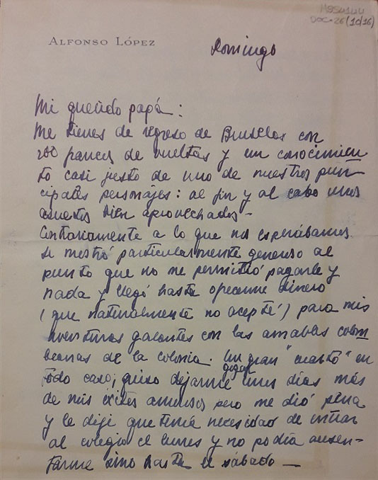 Carta manuscrita de Alfonso López Michelsen a su padre Alfonso López Pumarejo, en la que cuenta detalles de su viaje de Bruselas a París. MSS4144, doc. 26. Imagen exclusiva de divulgación, prohibido su uso.