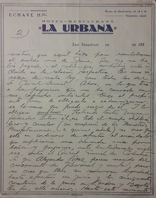 Carta manuscrita sobre demanda legal contra Alejandro López Restrepo. San Sebastián (España). MSS4144, doc. 16. Imagen exclusiva de divulgación, prohibido su uso.