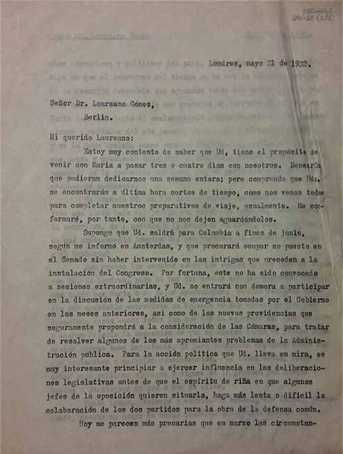 Carta de Alfonso López Pumarejo dirigida a Laureano Gómez, sobre posible colapso financiero de Estados Unidos. Londres, 21 de mayo de 1932. MSS4144, doc. 15. Imagen exclusiva de divulgación, prohibido su uso.