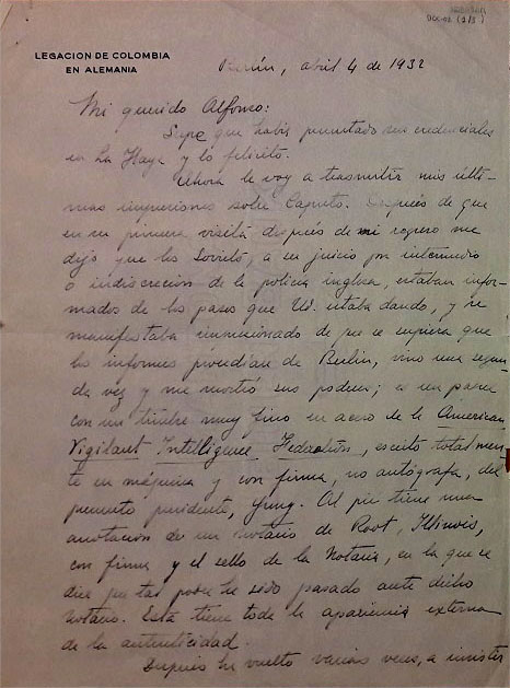 Carta manuscrita de Laureano Gómez a Alfonso López Pumarejo, sobre actividades de espionaje de agentes rusos en Colombia. Berlín, 4 de abril de 1932. MSS4144, doc. 92. Imagen exclusiva de divulgación, prohibido su uso.
