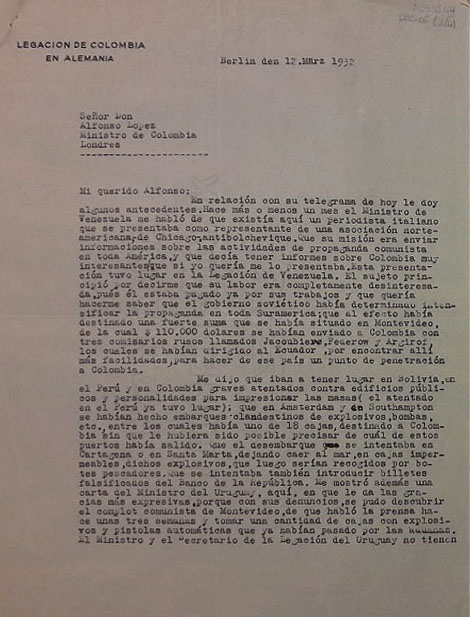 Carta mecanografiada de Laureano Gómez a Alfonso López Pumarejo, para informarle sobre desembarco de explosivos y agentes comunistas en Colombia. Berlín, 12 de marzo de 1932. Imagen exclusiva de divulgación, prohibido su uso. 