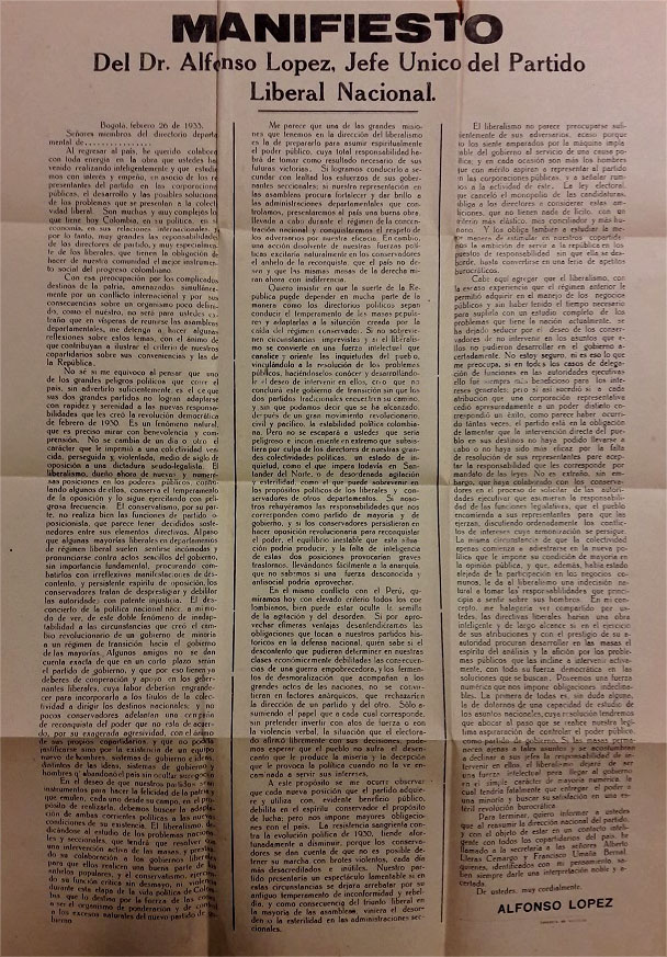 Tabloide original del manifiesto de Alfonso López Pumarejo, jefe del Partido Liberal, sobre impresiones de la Guerra Mundial. Bogotá, 26 de febrero de 1933. Imagen exclusiva de divulgación, prohibido su uso.