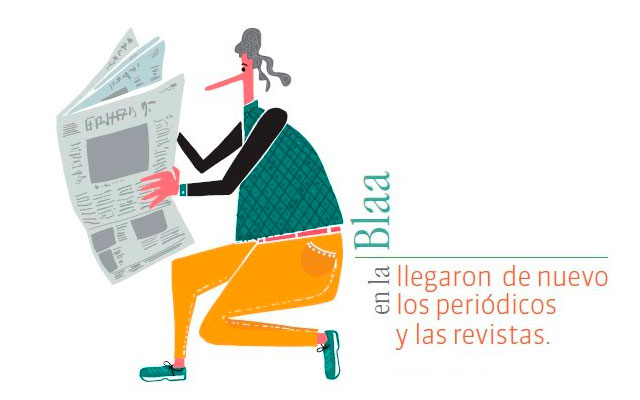 Ilustración de mujer leyendo anuncio con el aviso: En la BLAA llegaron de nuevo los periódicos y revistas