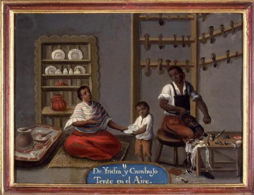 [1] Autor desconocido. De cambujo e india, nace tente en el aire 1774, óleo sobre lienzo, 75 x 54 cm. Esta pintura de castas representa la casa-tienda de un zapatero. Fotografía: Joaquín Otero Úbeda. CER.es