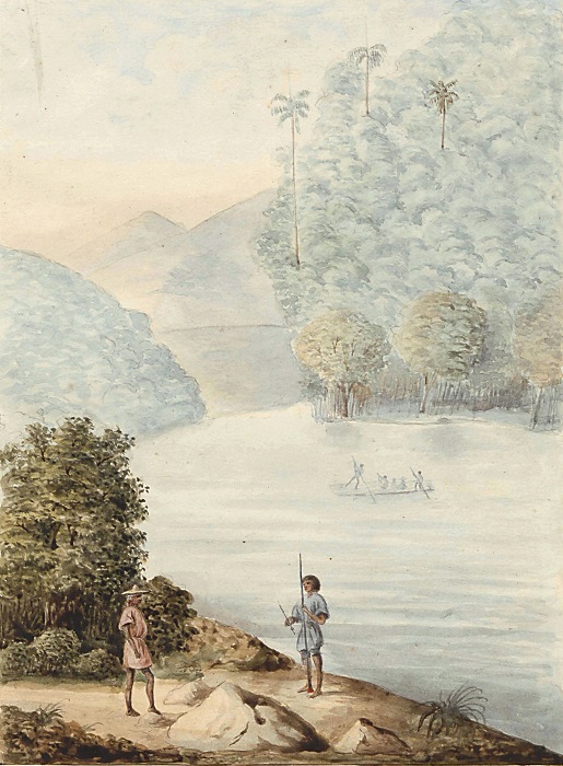 Indios andaquíes reducidos vista del río Caquetá. cerca del puerto de Descansé, territorio del Caquetá (acuarela de Manuel María Paz, Comisión Corográfica, 1857). Biblioteca Nacional de Colombia.