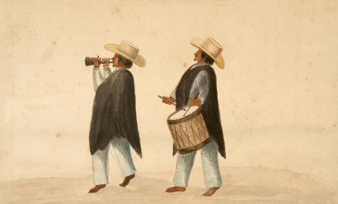 Pintura de dos hombres tocando tambor y chirimía