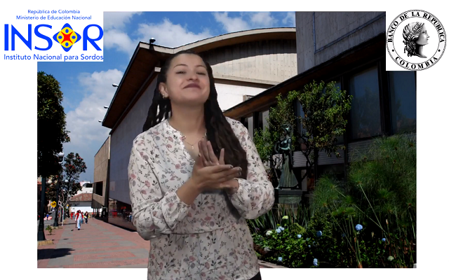 Interprete de lengua de señas colombiana  realizando la invitación de Señas para la paz, un glosario en lengua de señas
