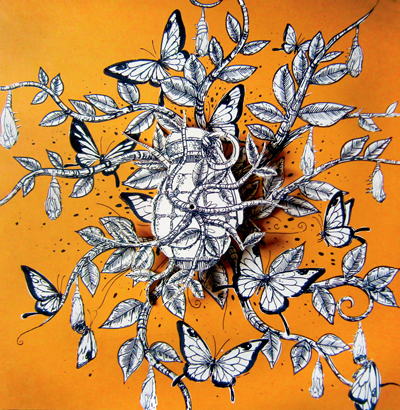 Javier Zárate C. (Cali, 1981). Mina, Dead, Vestigios, 2012 - Acrílico y tinta sobre madera 3 cuadros de 40 x 37 x 3.5 cm. c/u