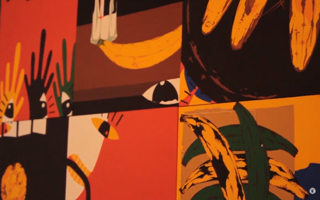 Pintura de la colección de arte del Banco de la República del programa Imagen Regional, se observa una combinación de figuras, ojos, y colores
