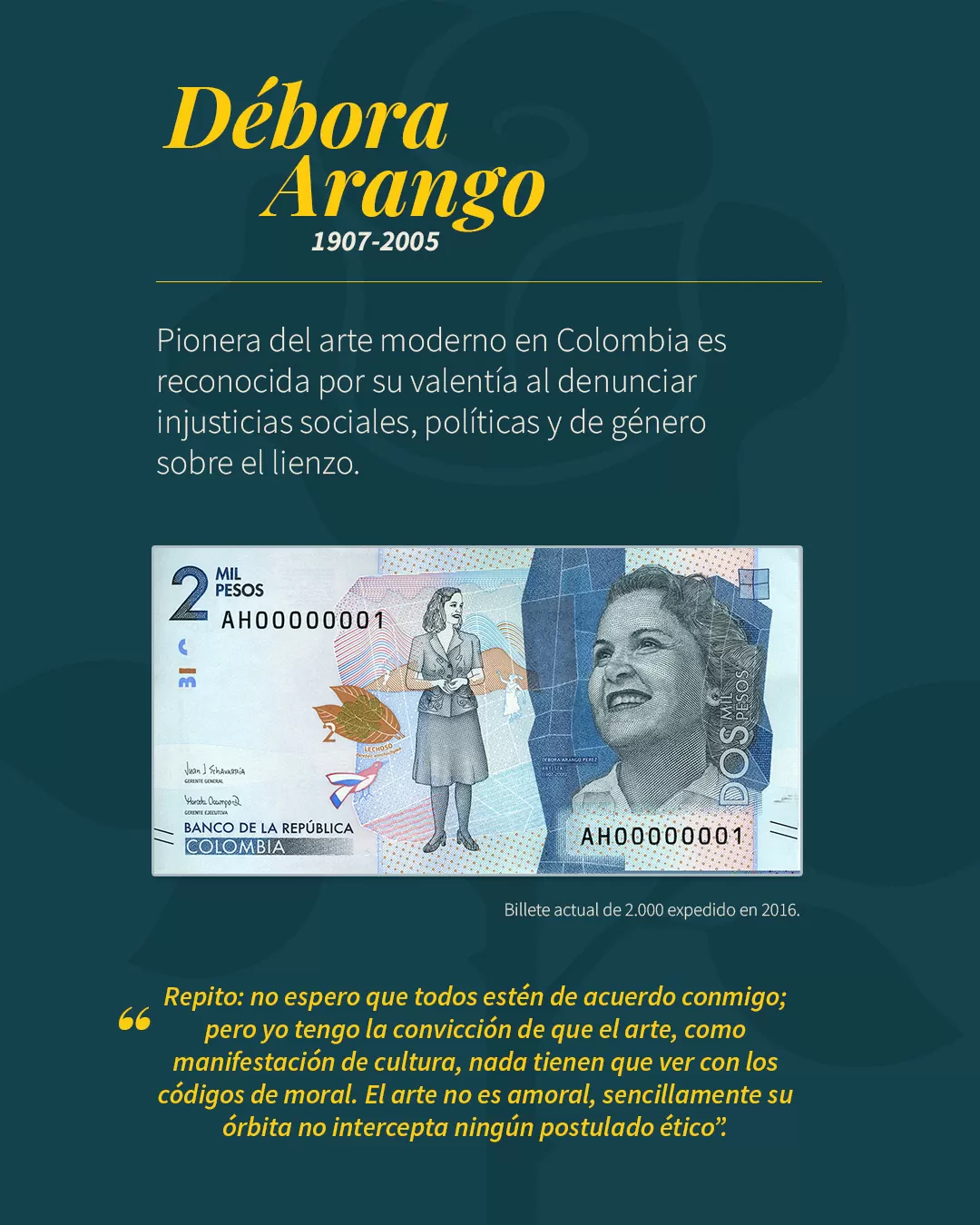 Billete actual de 2.000 expedido en 2016, con la imagen de Débora Arango