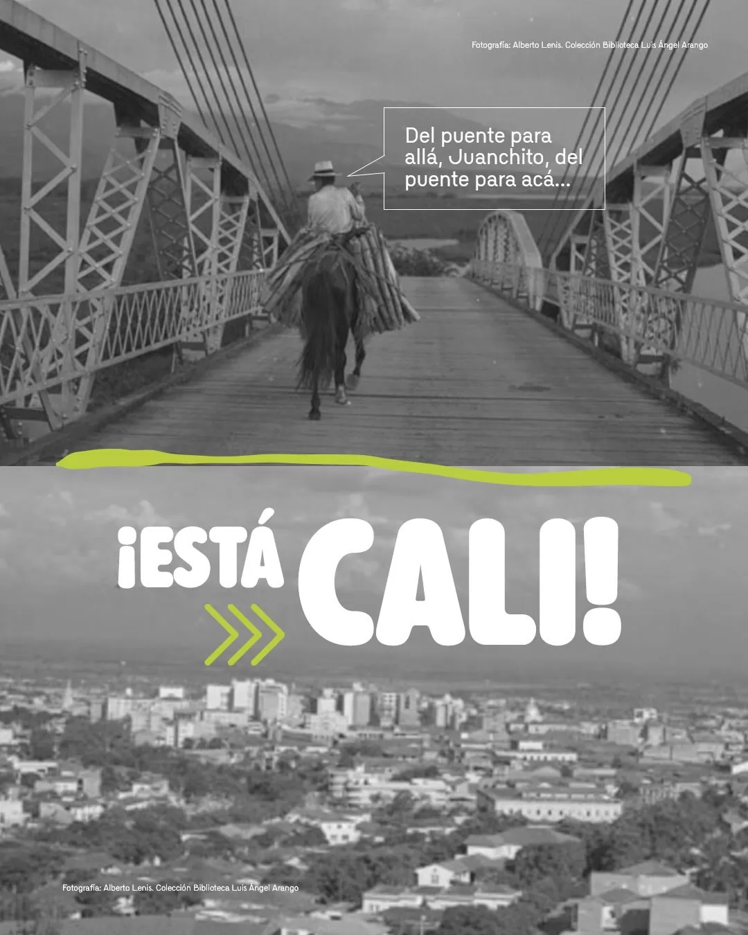 Fotografía a blanco y negro, de un hombre a caballo, en la ciudad de Cali 