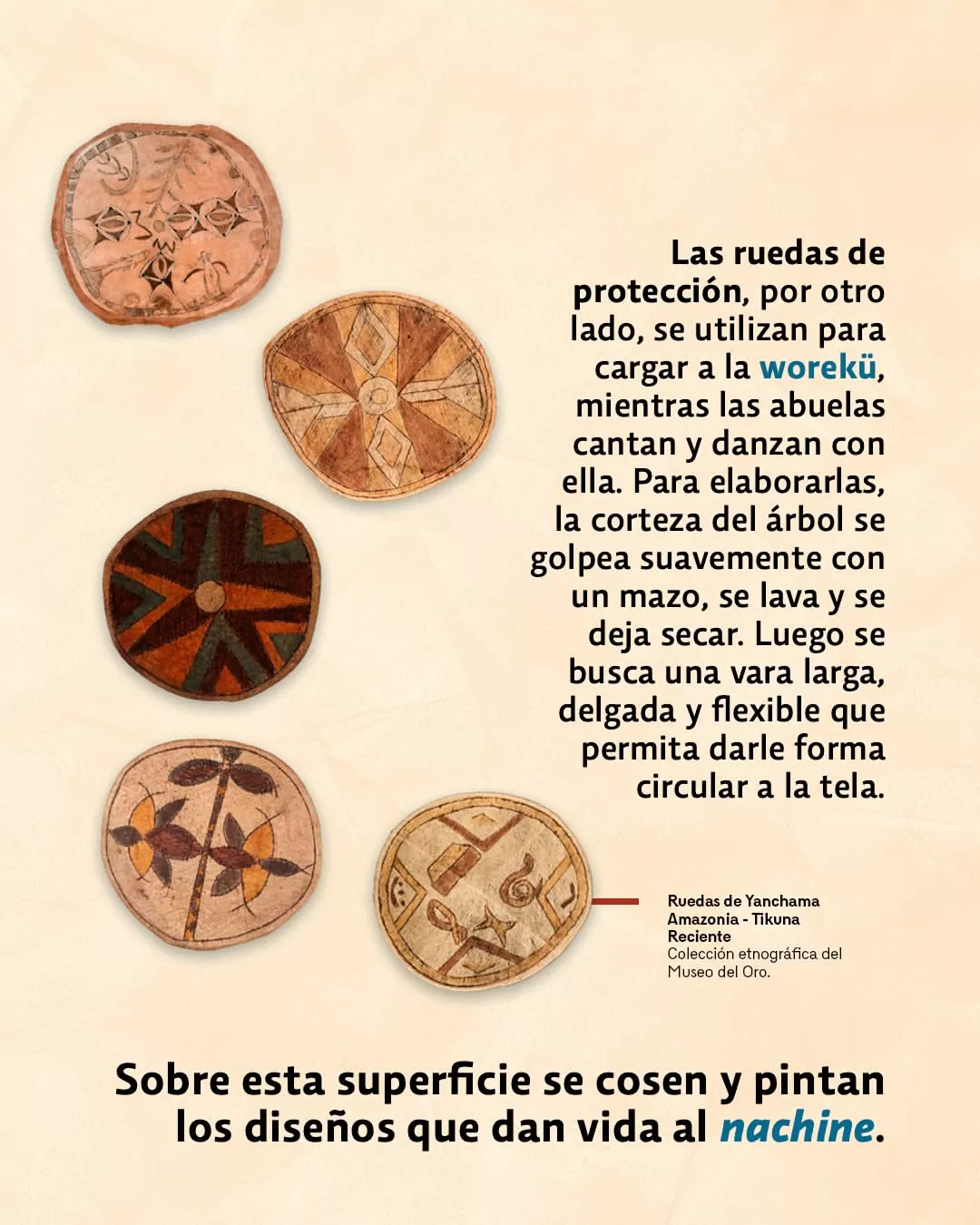 Las ruedas de protección, por otro lado, se utilizan para cargar a la worekü, mientras las abuelas cantan y danzan con ella.
