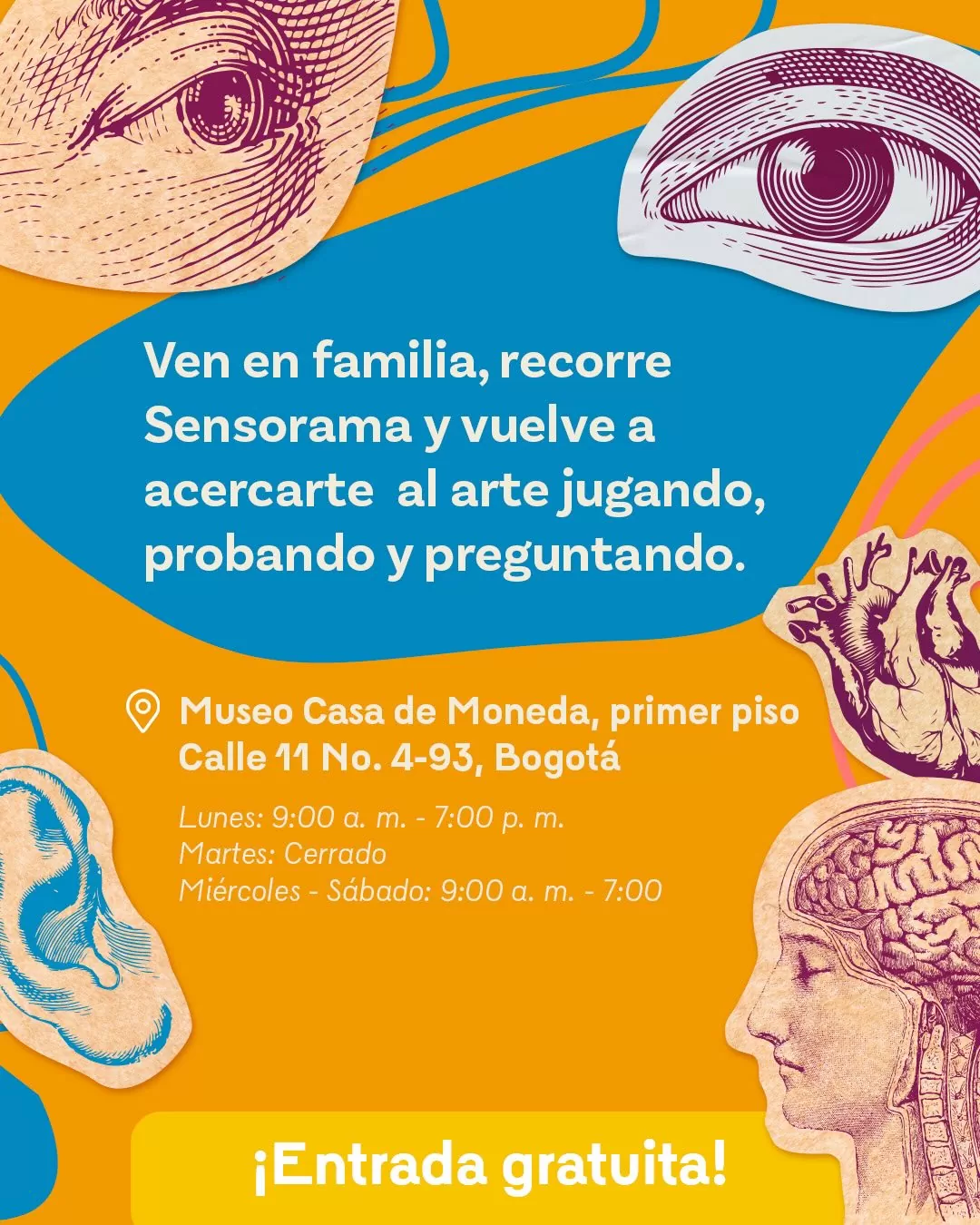 Imagen con fondo amarillo, y la ilustración de una oreja, sobre Sensorama, en la Sala de arte y juego 