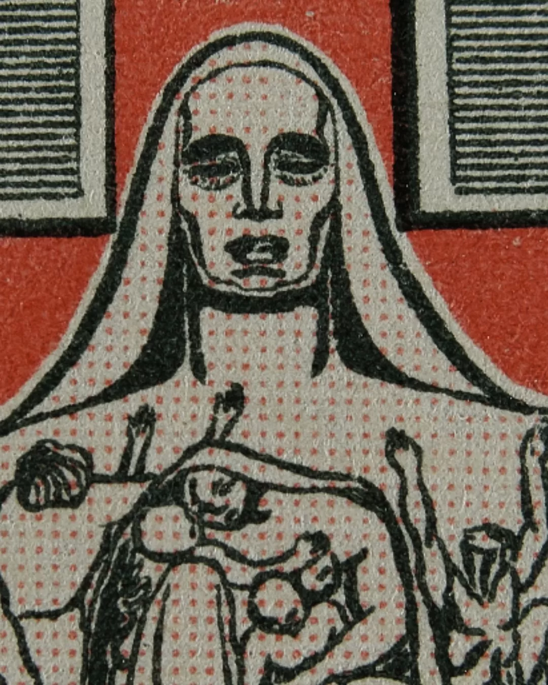 Estampilla con ilustración a dos tintas, con colores rojo y negro