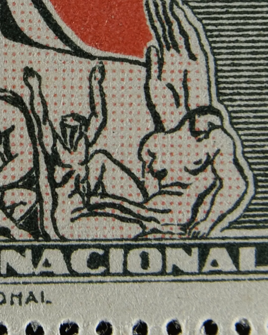 Estampilla con ilustración a dos tintas, con colores rojo y negro