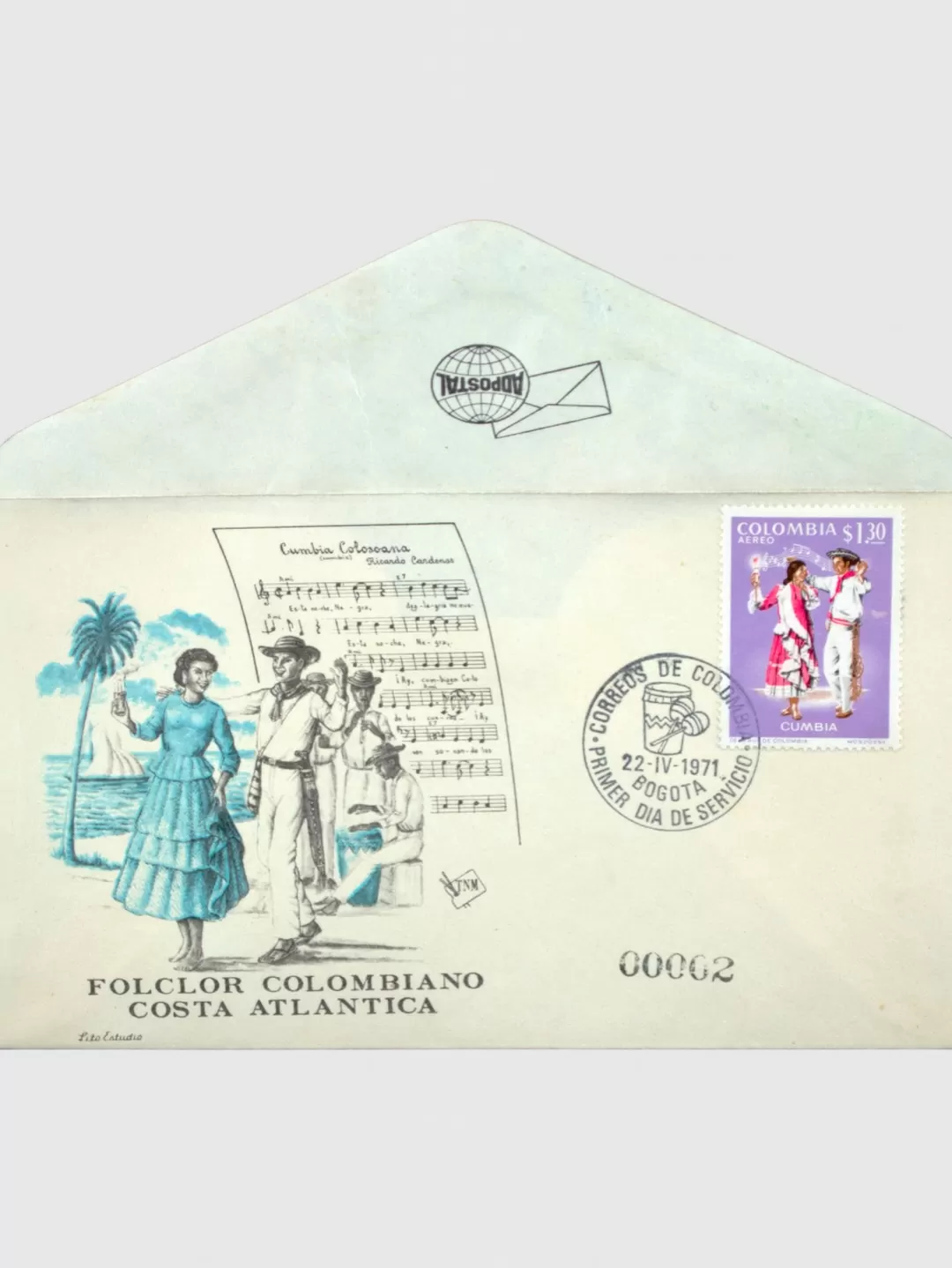 Imagen de una estampilla a color, en honor a la danza de la cumbia. Colección Filatélica del Banco de la República