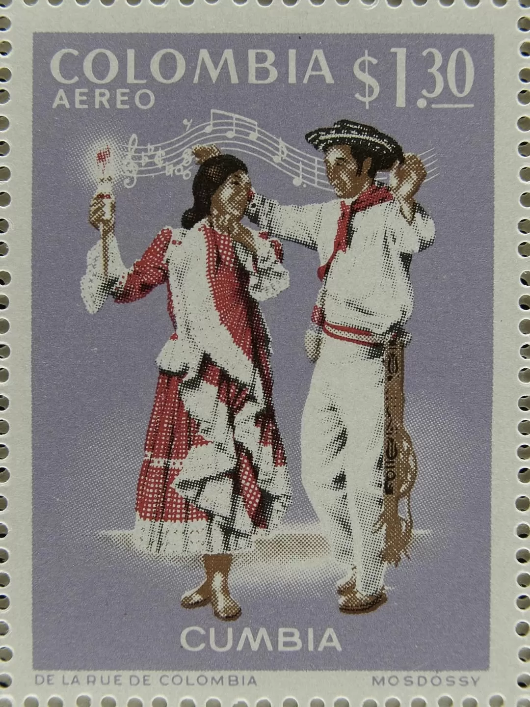 Imagen a color, de un sobre, con una estampilla sobre la danza de la cumbia 