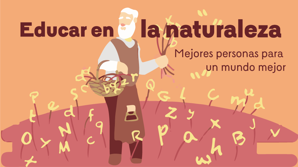 ilustracion de hombre en una montaña con flores en forma de letras