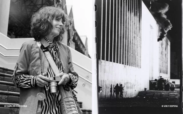 En la fotografía se puede apreciar a la fotógrafa colombiana Viki Ospina y también registro fotográfico de la toma del Palacio de Justicia 