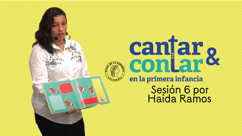 Fondo amarillo con cantante de taller cantar y contar y logo del programa