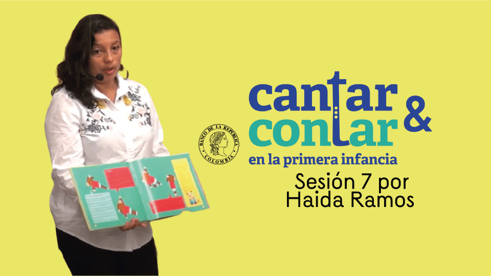 Fondo amarillo con cantante de taller cantar y contar y logo del programa