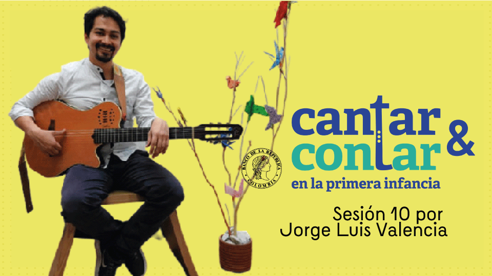 Fondo amarillo con cantante de taller cantar y contar y logo del programa