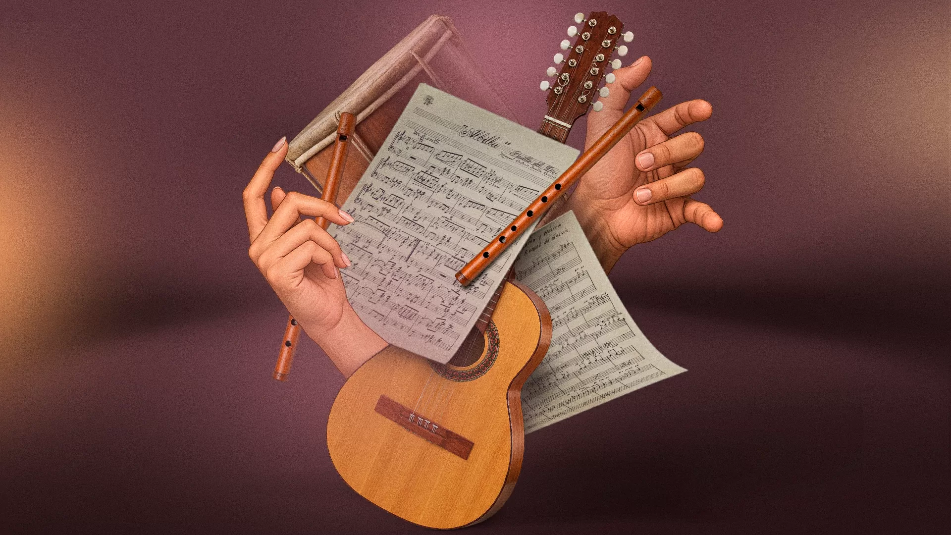 Collage con partituras, mano, guitarra, tambor y flauta que ilustran la Colección Tolima Compone. 