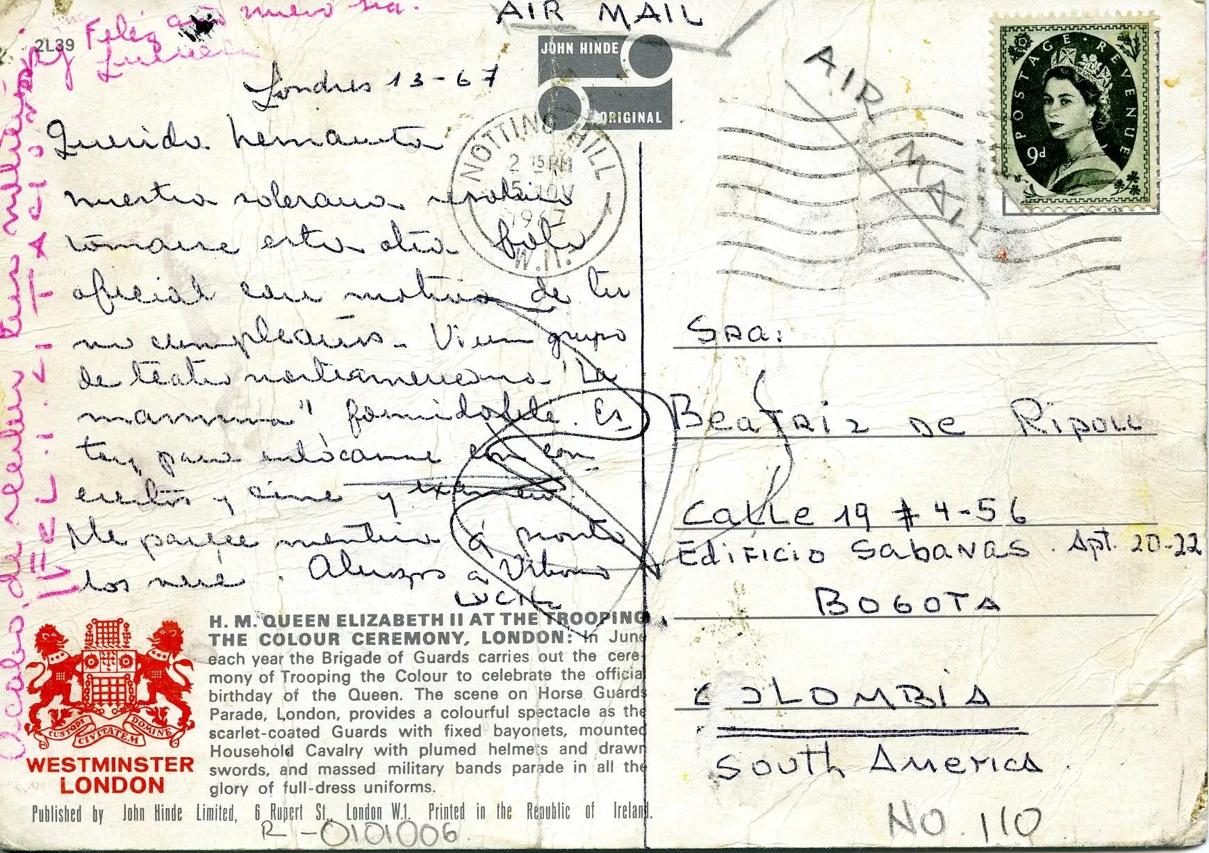 Postal de la gestora cultural Lucila González, a su hermana Beatriz. Londres. 1967.