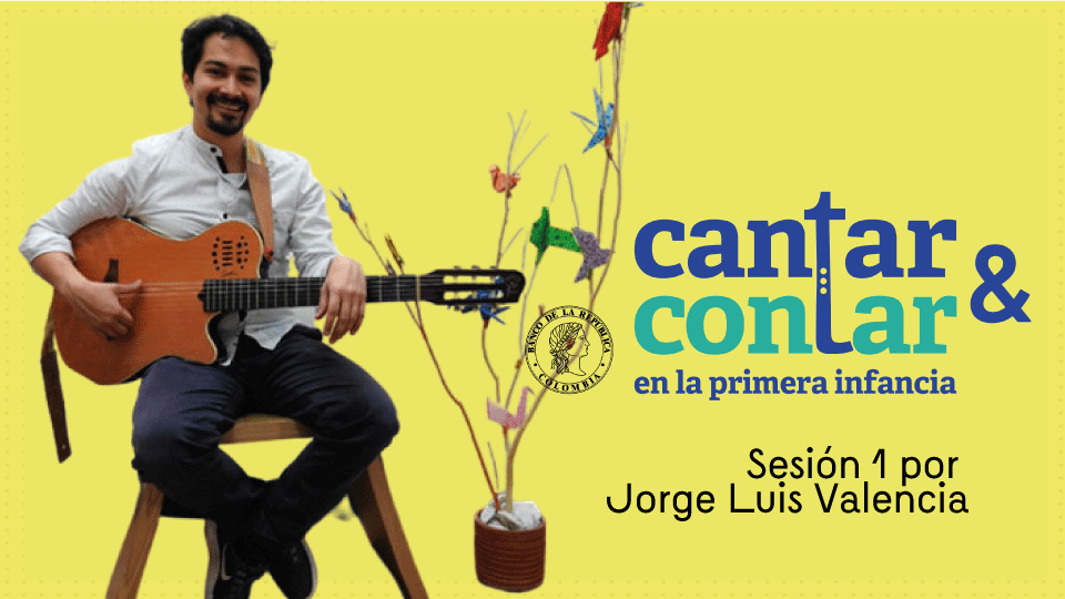 Fondo amarillo con cantante de taller cantar y contar y logo del programa