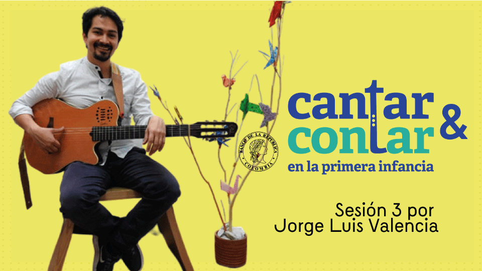 Fondo amarillo con cantante de taller cantar y contar y logo del programa