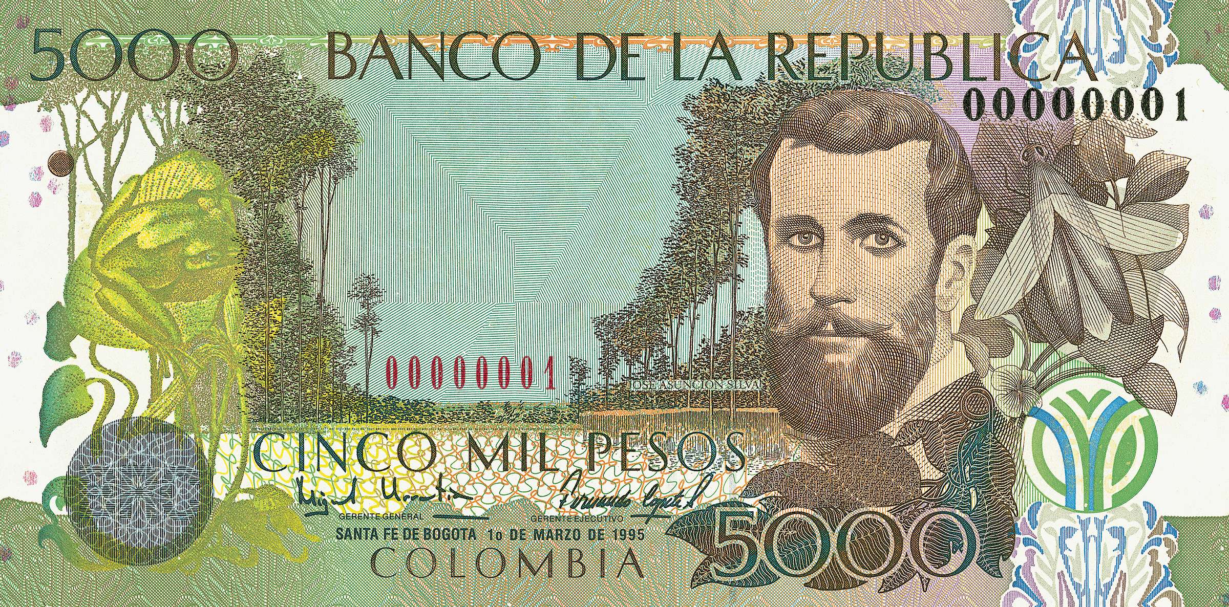 Billete de $5.000 pesos. Diseño: Juan Cárdenas. Billete de $5.000 pesos - Edición conmemorativa del poeta José Asunción Silva. Diseño: Juan Cárdenas. 1995. Imagen exclusiva de divulgación, prohibido su uso