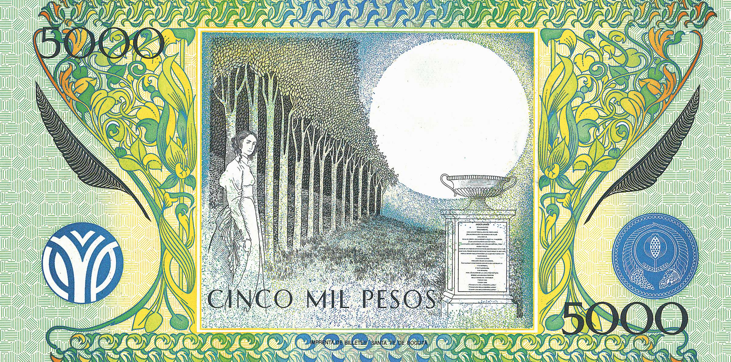 Billete de $5.000 pesos. Diseño: Juan Cárdenas. 1995 Billete de $5.000 pesos - Edición conmemorativa del poeta José Asunción Silva. Diseño: Juan Cárdenas. 1995. Imagen exclusiva de divulgación, prohibido su uso