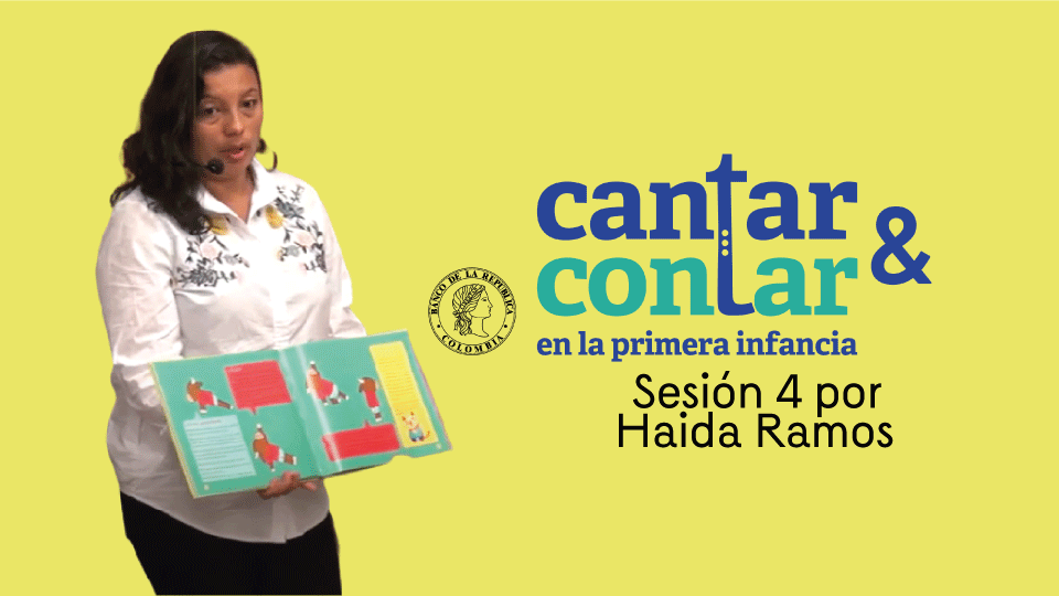 Fondo amarillo con cantante de taller cantar y contar y logo del programa