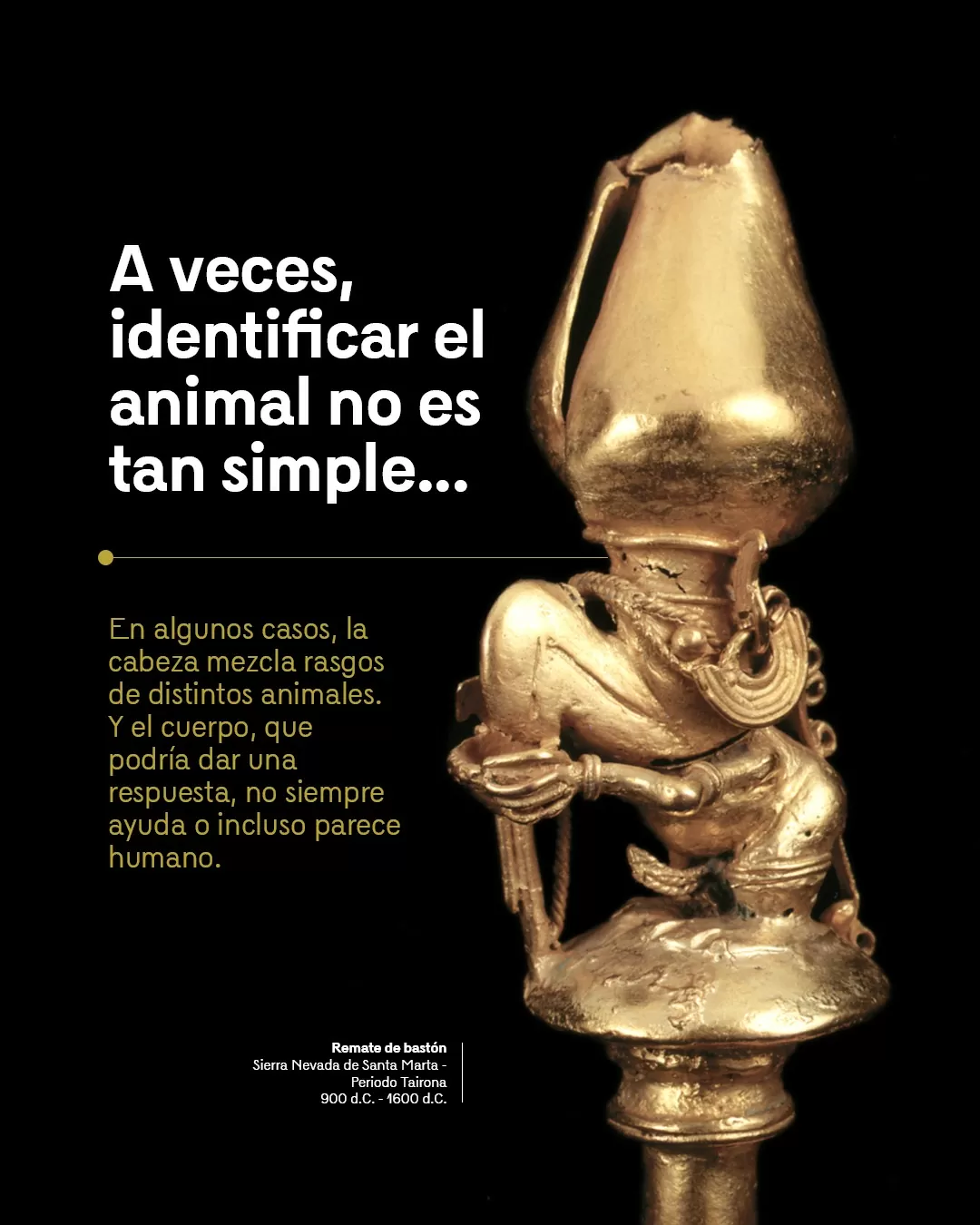 Figura de remate de bastón y el texto: A veces, identificar el animal no es tan simple