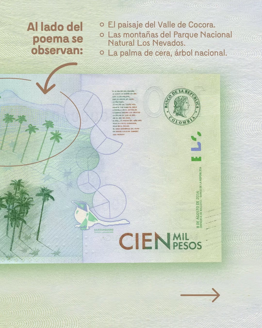 Reverso del billete de 100 mil y el texto: Al lado del poema se observan: el paisaje del Valle del Cocora, las montañas del Parque Nacional Natural Los Nevados y la palma de cera, árbol nacional